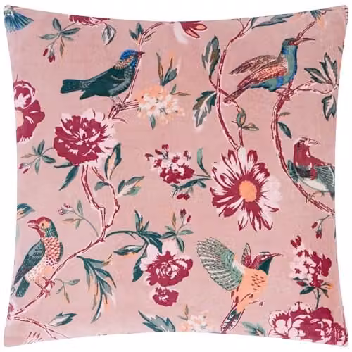 Riva Home Wylder Aviary Floral Cotton Velvet Decorative Cushion, Pink, W/D/H: 50 x 50 x 50 cm