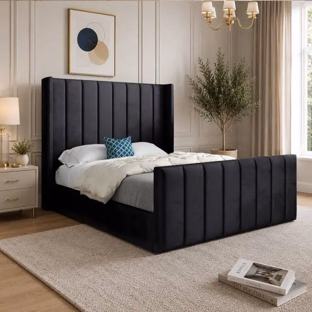 Casani Sherington Upholstered Designer Bed Frame in Black Soft Velvet, Size: Single (W/D/H: 90 x 200 x 137 cm) – 1