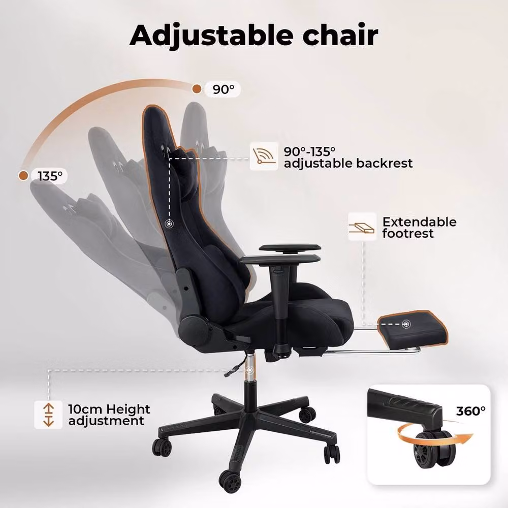 VOGREX Black Microfibre Adjustable Reclining Gaming Office Chair with Headrest and 360 Degree Swivel – 4