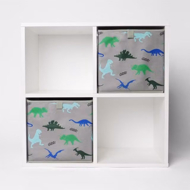 OHS Grey Dinosaur Print Fabric Cube Storage Boxes, Foldable, Pack of 2