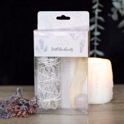 KDMD Smudge Kit with Rose Quartz Crystal and Herbs in Pink and White – 2