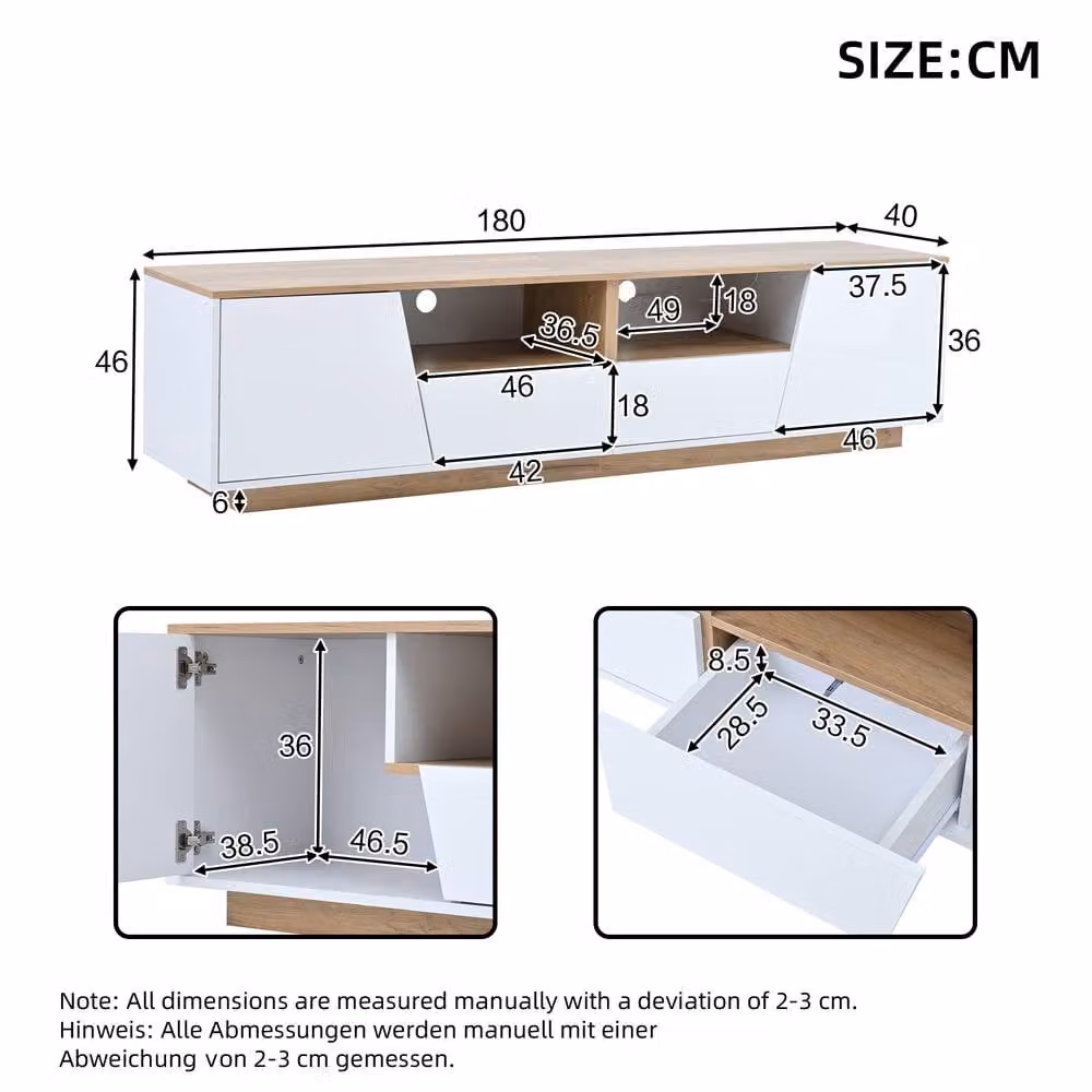 Rolipo Modern White Oak LED TV Stand with Integrated Lighting and Media Compartments, 180 cm – 2