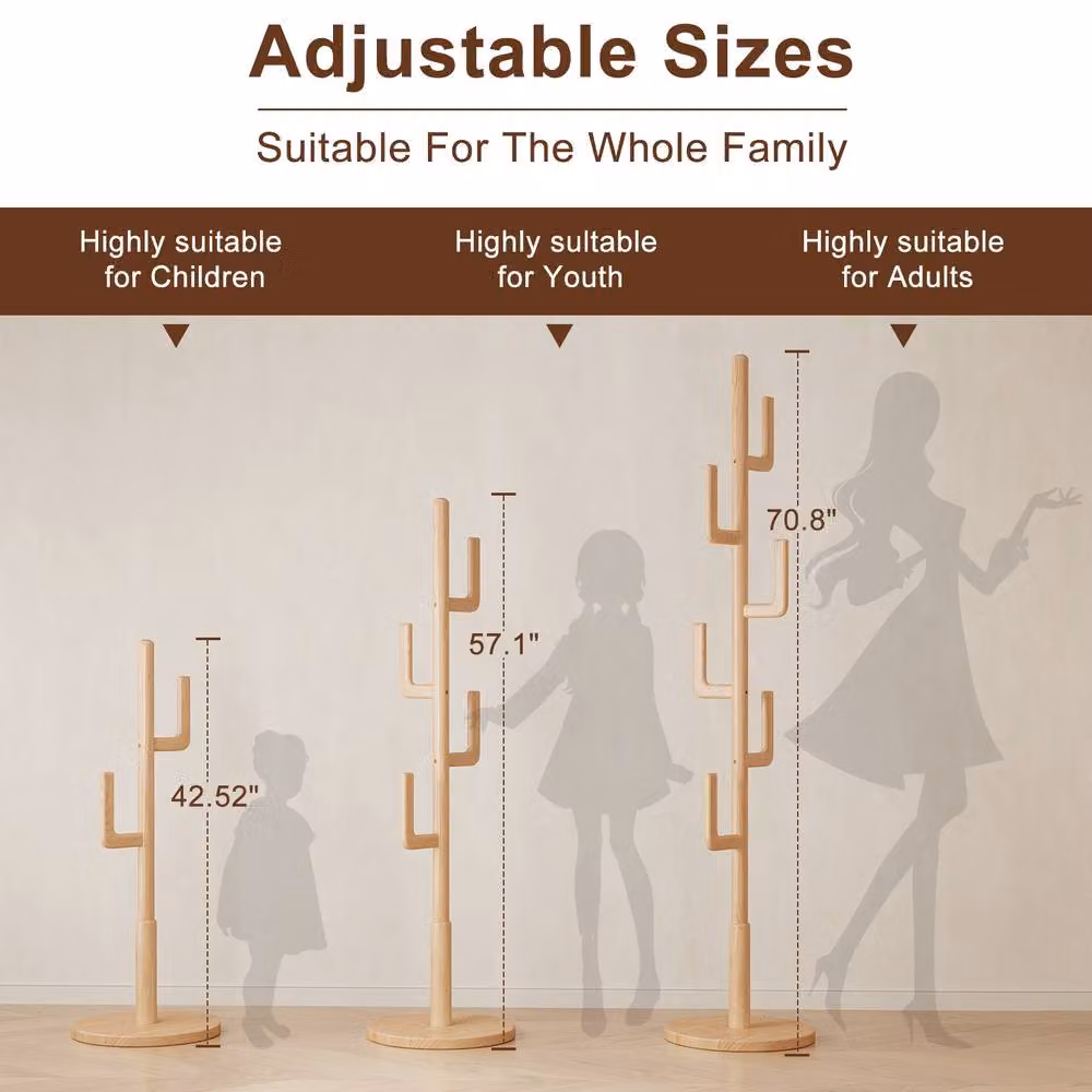 YQJJGL Solid Wood Freestanding Coat Tree with Hooks in Natural Brown and Beige, H 180 x W 40 x D 40 cm – 3