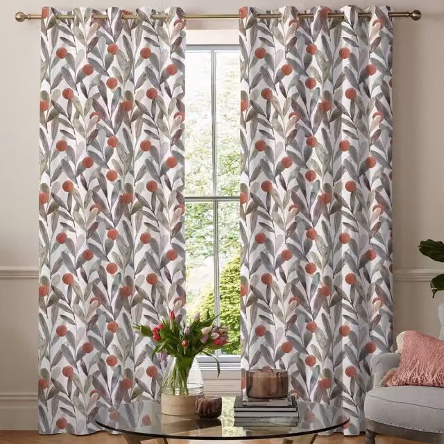 Voyage Maison Enso Made to Measure Blackout Floral Curtain in Mulberry, Orange and Multicolour Cotton and Linen Fabric Panel with Eyelets