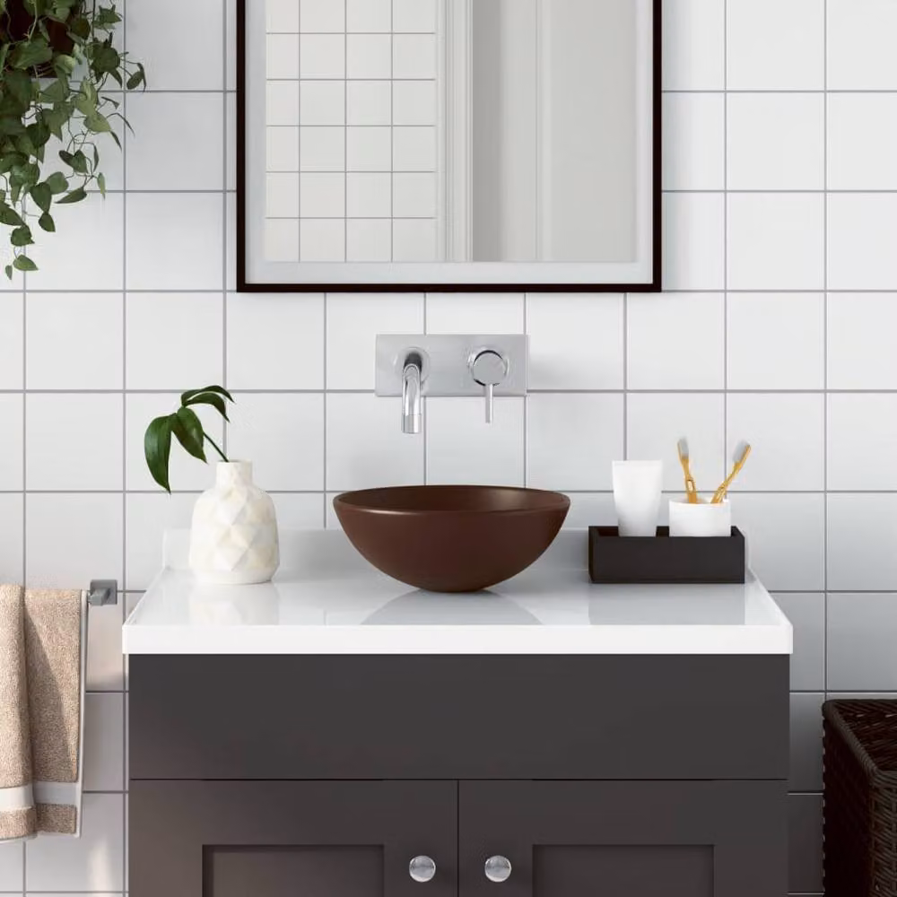 Berkfield Home Sleek Round Ceramic Countertop Bathroom Sink in Dark Brown – 2