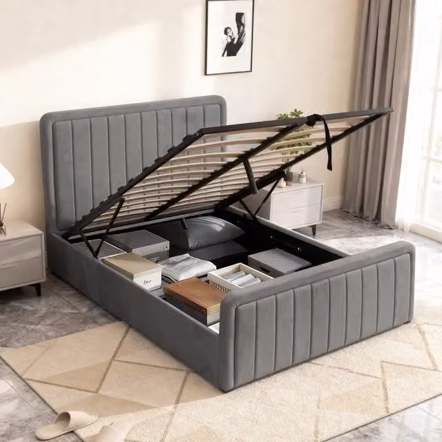 Comfy Living Brushed Velvet Ottoman Bed Frame in Grey, W/D/H: 180 x 200 cm – 1