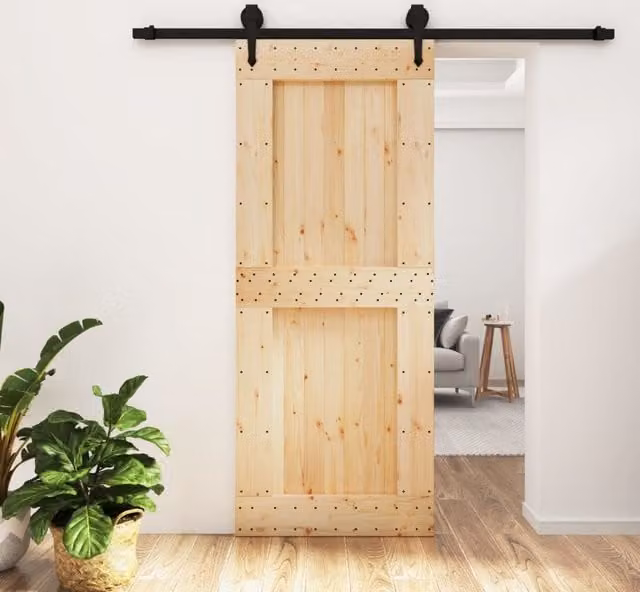 Berkfield Home Rustic Solid Wood Pine Sliding Door with Hardware Set, Brown, W: 85 cm, H: 210 cm – 1