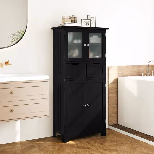 FORGEVIO Modern Freestanding Tall Bathroom Storage Cabinet in Black with Glass Doors and Internal Drawers, H: 128 cm, W: 60 cm, D: 25 cm – 1