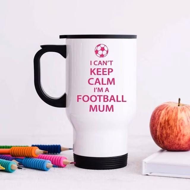 60 Second Makeover I Can't Keep Calm I'm a Football Mum Metal Travel Mug in White and Pink