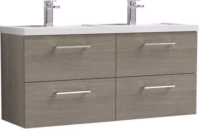 Balterley Solace Oak Wall Hung 4 Drawer Double Basin Vanity Unit with LED Lighting, Brown