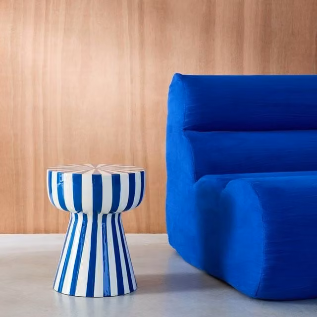 sweeek Modern Round Blue Enamelled Steel Side Table with Striped Design, W/D/H: 41.0 x 34.0 x 75.0 cm