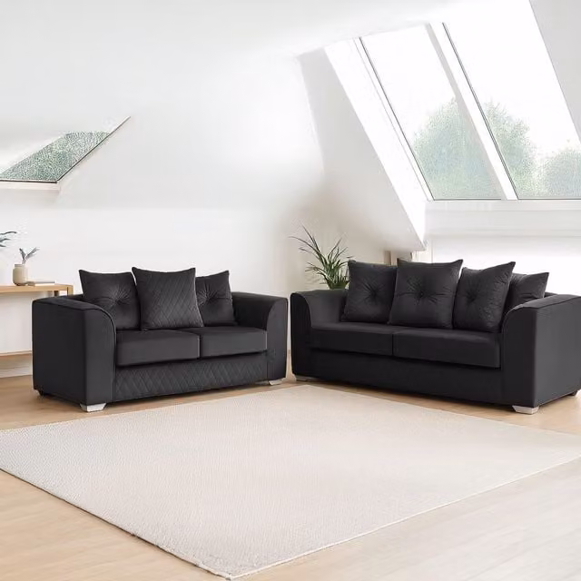 Furnishings For Less UK Victoria Soft Plush Velvet Fabric Sofa Set with 3 and 2 Seater Sofas in Black – 1