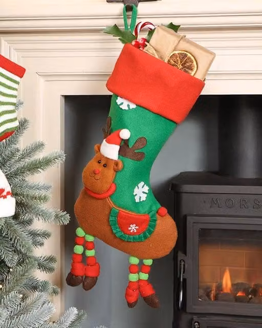 Dibor Set of 4 Reindeer Hanging Textile Christmas Stocking Bags in Red, Green and White – 1