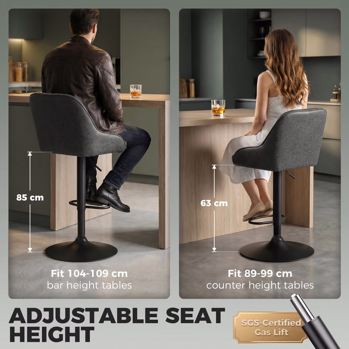 HOMCOM Set of 2 Adjustable Swivel Bar Stools with Backrest in Grey Synthetic Leather – 5