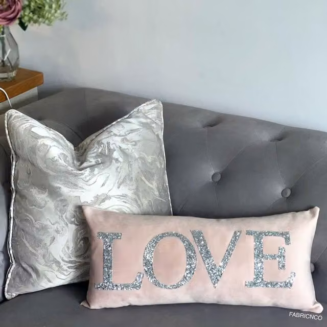 Fabricnco Soft Pink Plush Velvet Sparkly Love Cushion