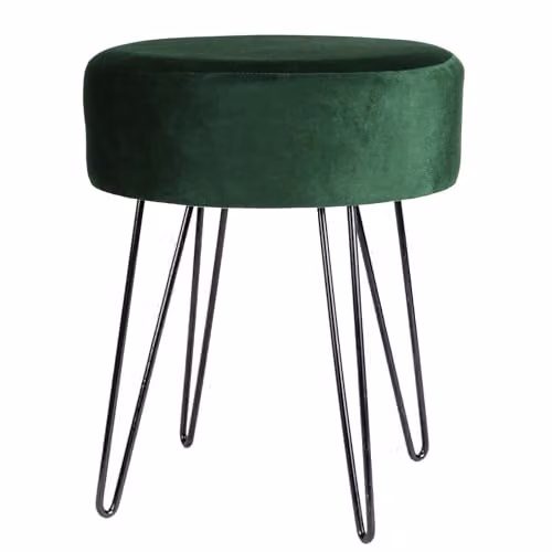 Harbour Housewares Round Velvet Footstool in Green with Black Legs, H41 x D45 x W41 cm