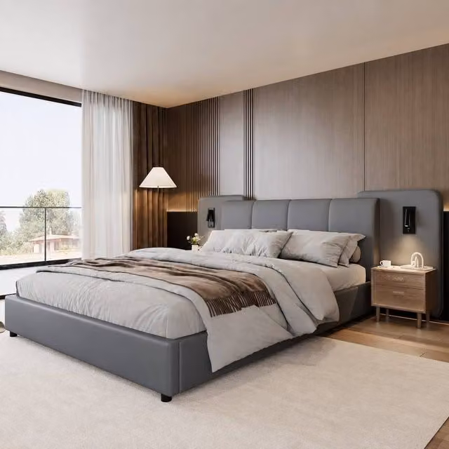 Merax Double Upholstered PU Leather Bed in Grey with Extended Headboard, Integrated Reading Lights and USB Charging Port, W/D/H: 140 x 200 x 86.5 cm