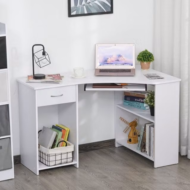 HOMCOM L-Shaped Corner Computer Desk with 2 Shelves in White