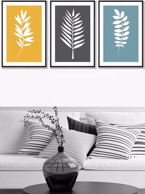 ARTZE Abstract Botanical Graphical Leaves Framed Wall Art in Black, Yellow, Grey and Blue, W: 53 cm, H: 73 cm, D: 2 cm