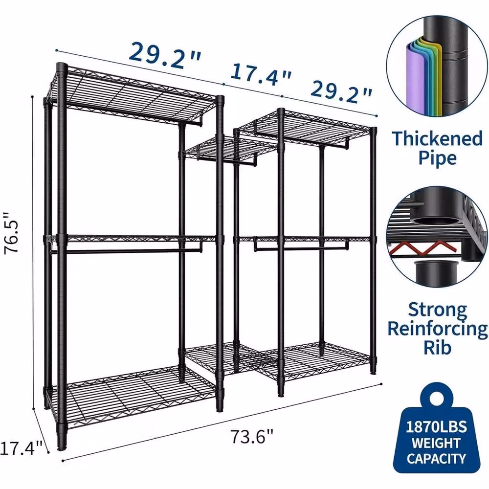 Havendro Black Metal Freestanding Clothes Rack with 6 Shelves and 5 Hanging Rods, H 76.5 cm x L 73.6 cm – 2