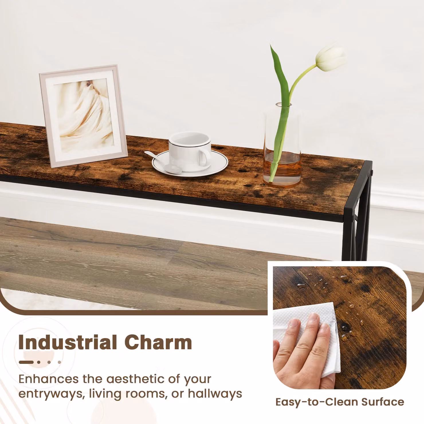 Costway Industrial 2-Tier Narrow Console Table in Brown – 6