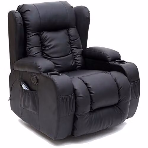 More4Homes Caesar 10-in-1 Manual Recliner Armchair with Heat and Massage, Black Bonded Leather – 6
