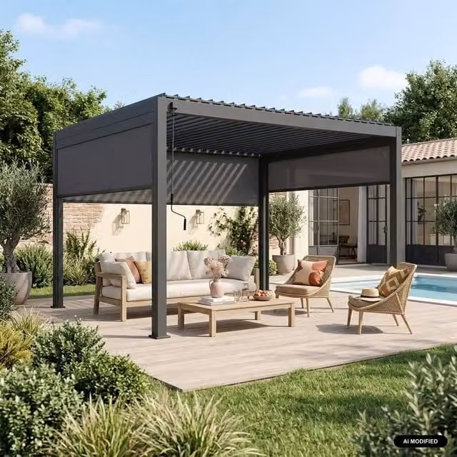 Sweekeet Aluminium Louvered Pergola in Dark Grey with 2 x 3m Blinds and 1 x 4m Blind, W: 4 m, D: 3 m