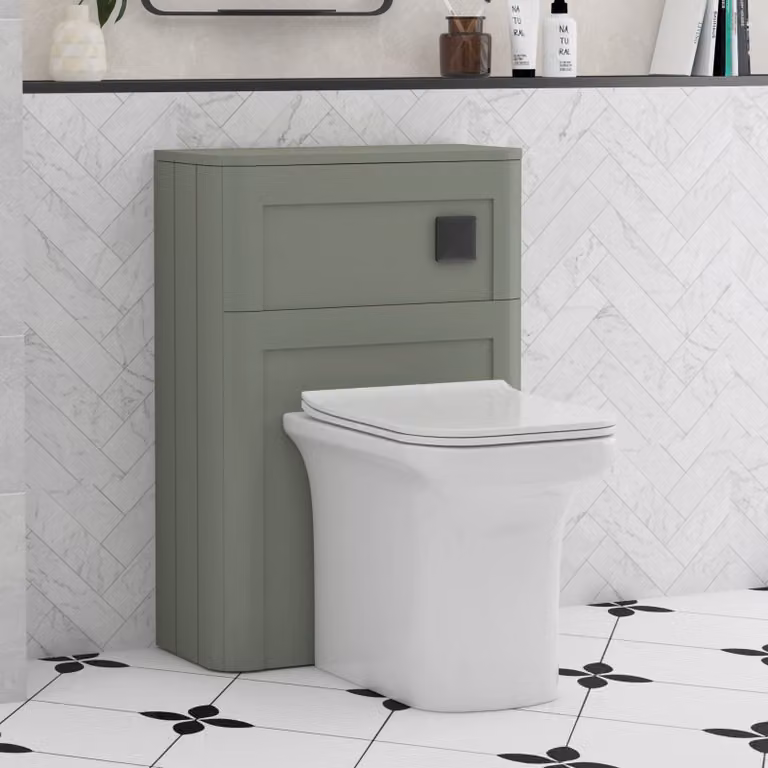 Royal Bathrooms Henley Sage Green Wall Mounted WC Unit with Crosby Rimless Ceramic Toilet Pan, Seat and Cistern, Width: 55 cm