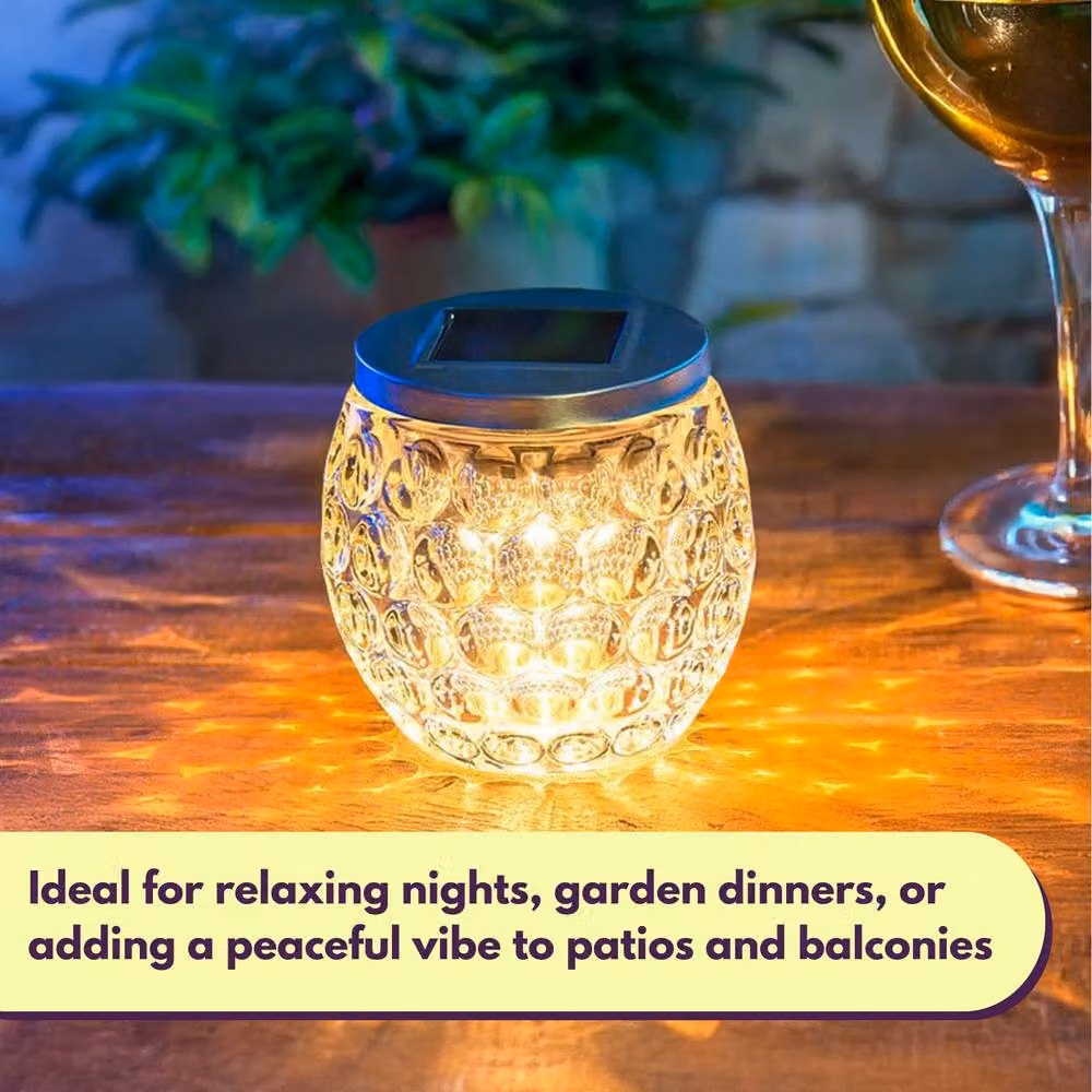 Marco Paul Large Dimpled Glass Solar Garden Lantern with LED Warm White Light and Dusk Sensor in Clear – 7