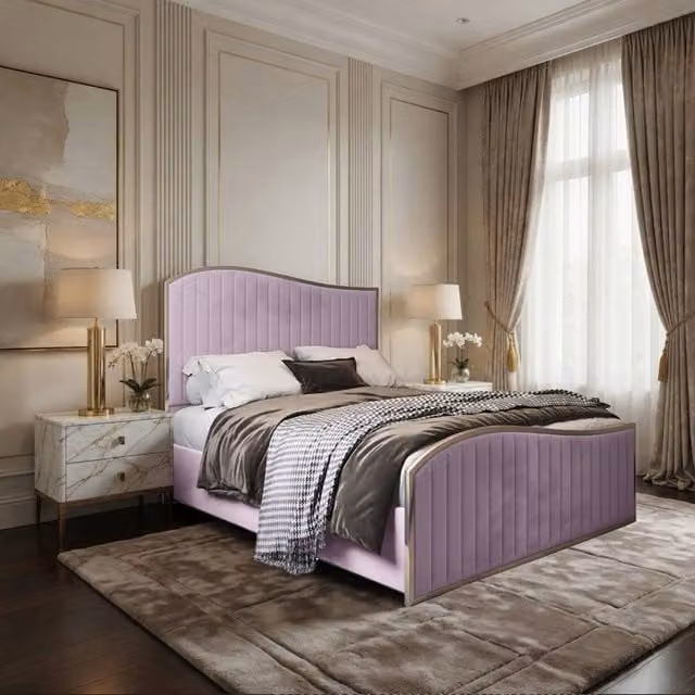 KDMD Idbury King Size Upholstered Velvet Bed Frame with Metal Details in Pink, W/D/H: 180 x 200 x 137 cm