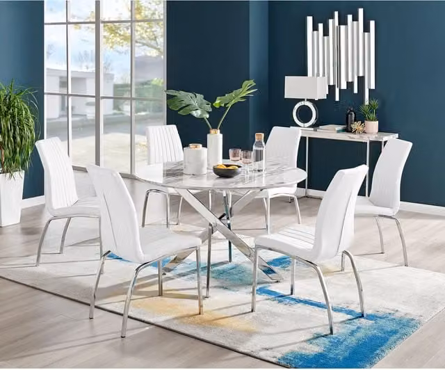 FurnitureboxUK Novara White Marble Effect Round Dining Table and 6 Isco Chairs in White and Silver