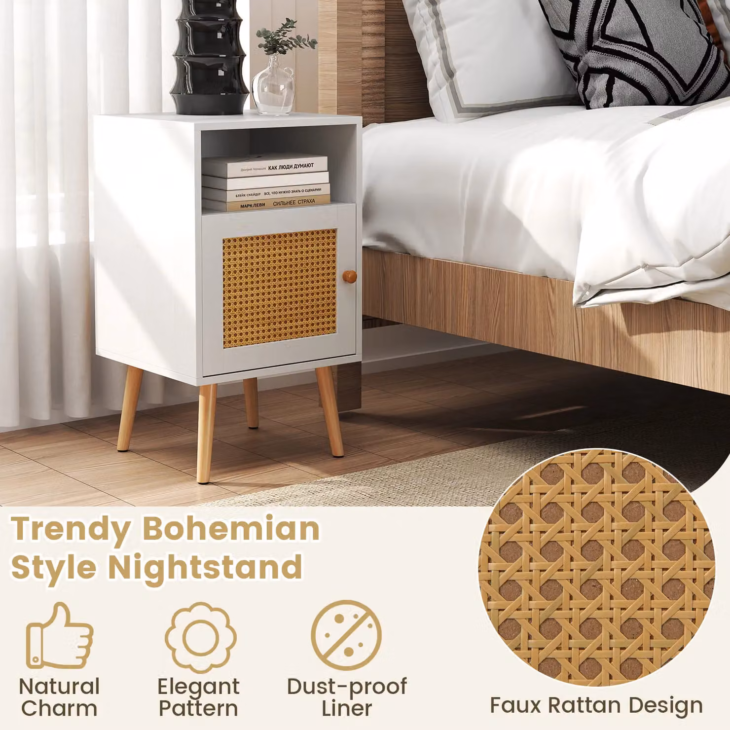 Costway Set of 2 White Rattan Bedside Tables with PE Rattan Decorated Doors – 4