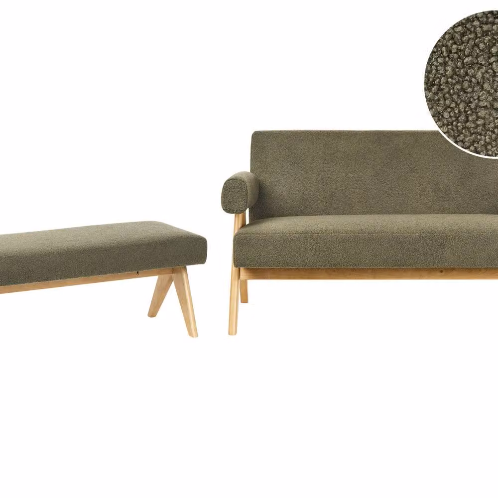 Wyld and Coco Asterra Boucle 2-Seater Sofa Set with Matching Ottoman in Green and Brown with Rubberwood Legs – 2