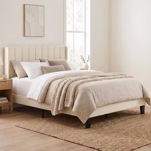 Levede Upholstered Double Bed Frame with Channel Tufted Wingback Headboard in Beige, W/D/H: 140 x 200 x 104 cm – 1
