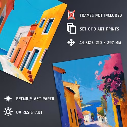 Artery8 Set of 3 Multicolour Greek Coastal Street Wall Art Paper Prints, W: 21.0 cm, H: 29.7 cm – 3