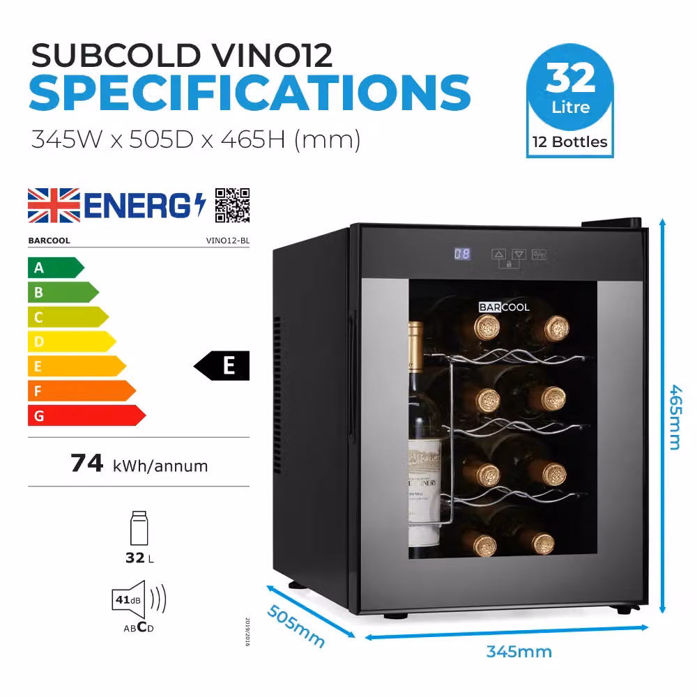 Subcold Barcool VINO12 Countertop Wine Cooler, Black, with Glass Door and LED Interior Light, W/D/H: 41.0 x 34.5 x 50.5 cm – 13