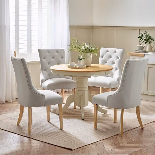 FurnitureboxUK Padstow Round Wooden Extending Dining Table and 4 Belgravia Chairs in Beige