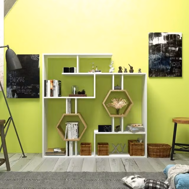 Decorotika Tamara Modern Geometric Bookshelf in White, Brown and Bronze with Back Panel