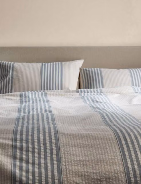 M&S Pure Cotton Carter Stripe Jacquard Duvet Cover, Beige and Blue Multicolour, W: 180 cm, H: 200 cm