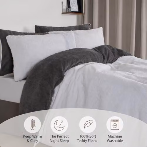 Brentfords Reversible Teddy Fleece Duvet Cover and Pillowcase Set, White and Grey, 180 x 200 cm – 4