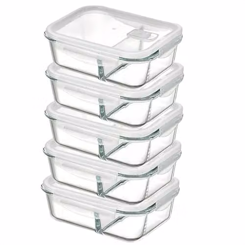 Simpa 5 Pack Meal Prep Glass Food Storage Containers with Dividers and Leakproof Airtight Lids, 1020ml, Transparent