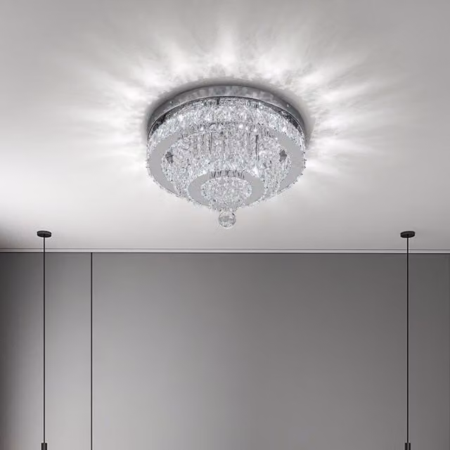Livingandhome 2-Tier Round Crystal LED Ceiling Light in Chrome and White with Cool White Light