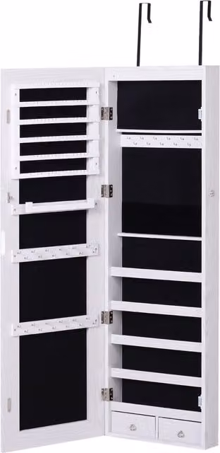 HOMCOM White Mirrored Jewellery Cabinet with LED Lights, Lockable Wall or Door Mounted Organiser