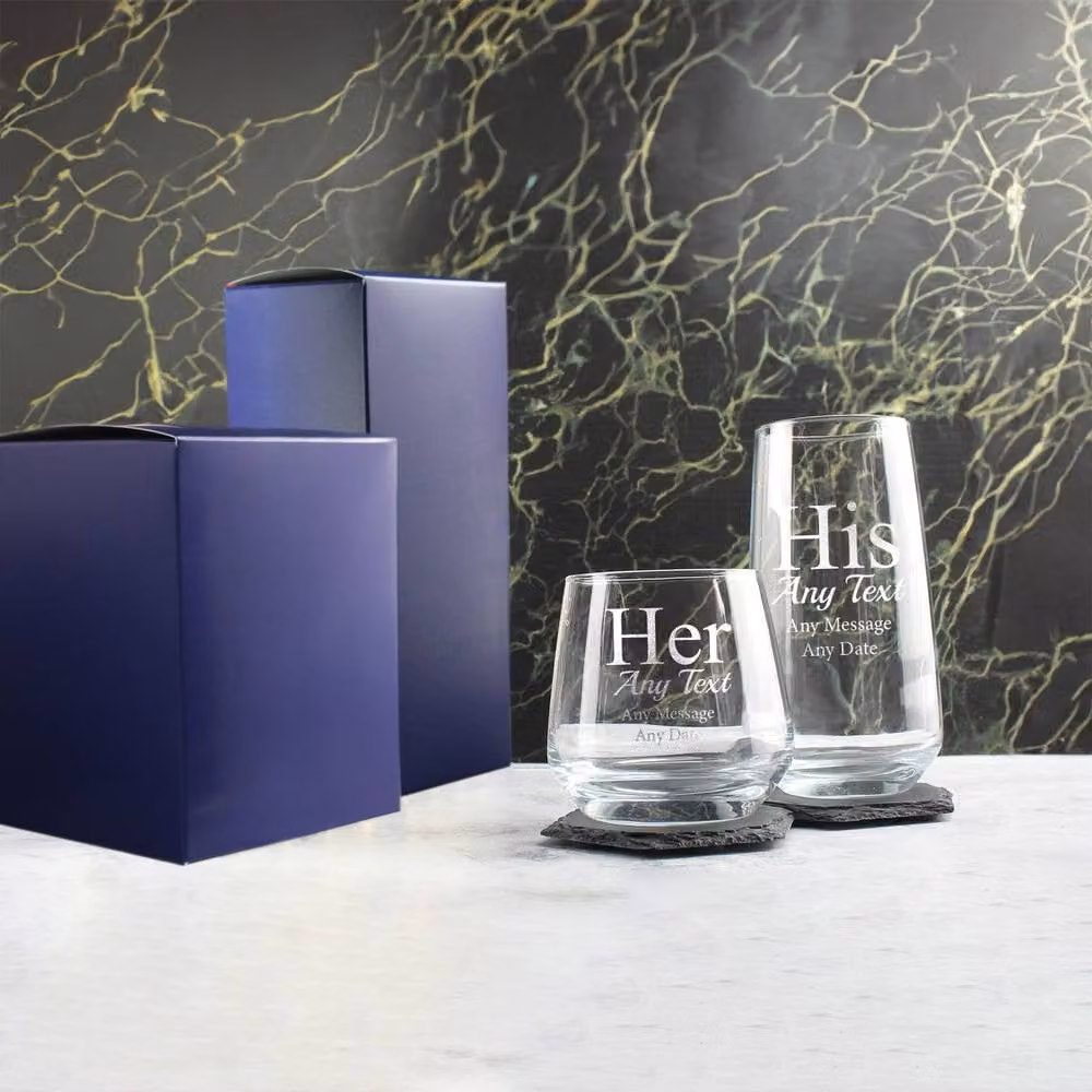 Uniqueful Personalised His and Hers Any Text Whisky Glass Tumbler Set in Clear – 2