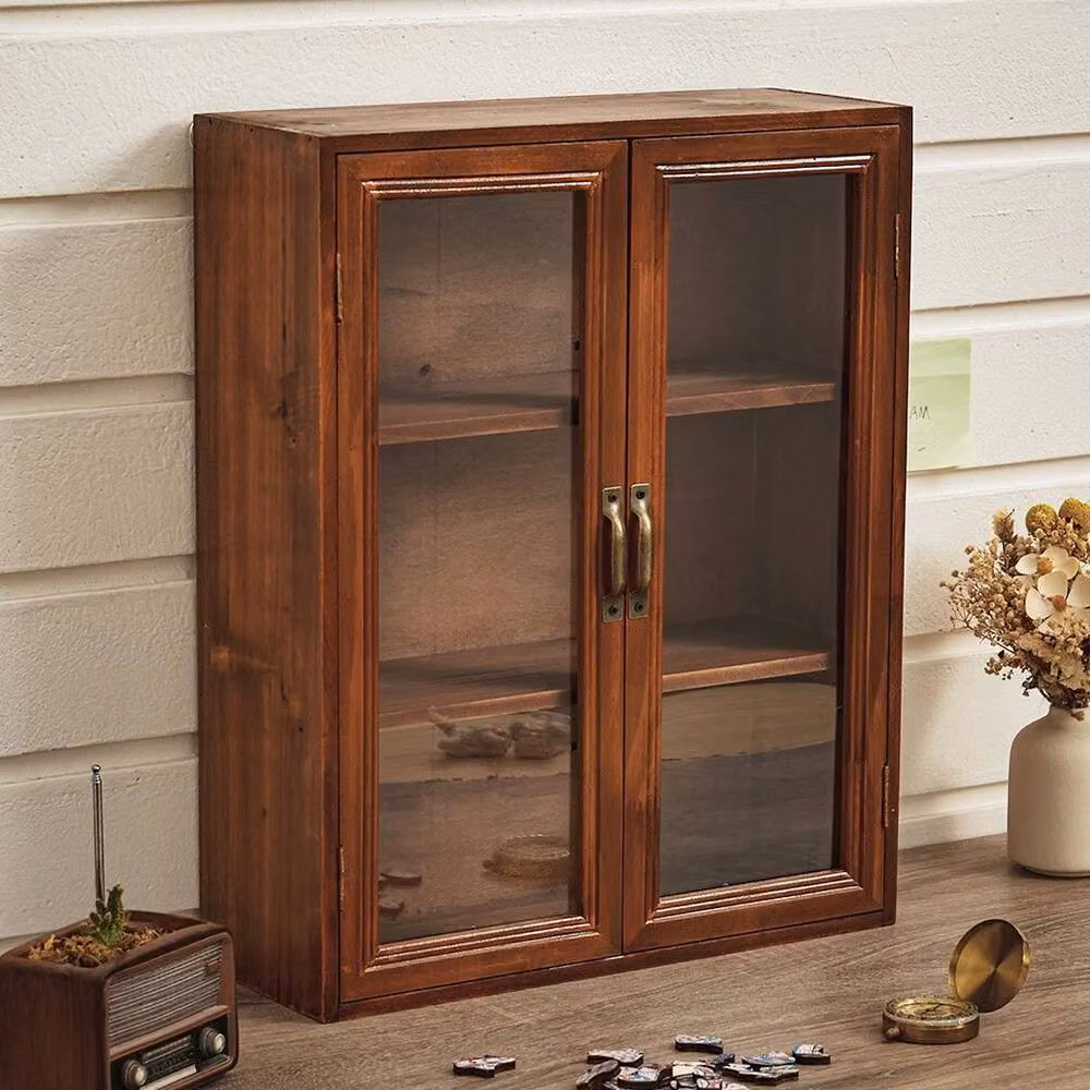 KORVIXA Vintage 3-Tier Brown Wood Storage Cabinet with Glass Hinged Doors, W: 100 cm x D: 45.5 cm x H: 100 cm – 2