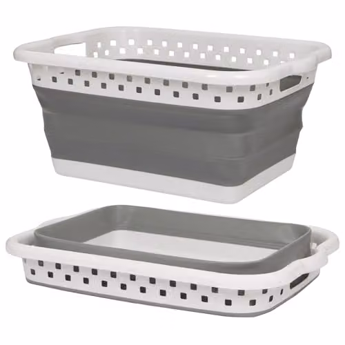 Harbour Housewares 42L Collapsible Laundry Basket in White and Grey with Handles – 7