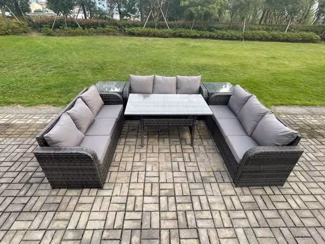 Fimous 9 Seater Rattan Garden Furniture Set with Oblong Rectangular Dining Table and 2 Side Tables in Dark Grey Mixed