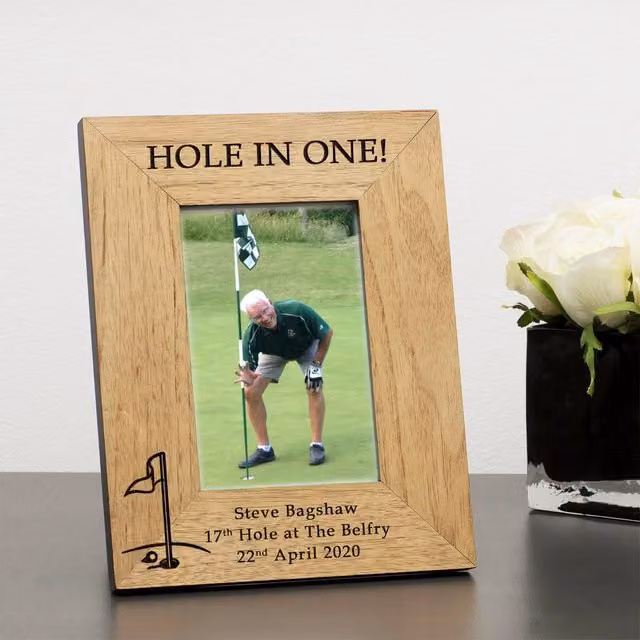 Uniqueful Personalised Hole in One Wood Picture Frame, Silver Finish in Brown, 6x4 inch – 1