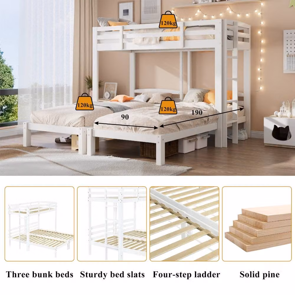 Rolipo White Wooden Triple Bunk Bed with Side Ladder and Compartments, Solid Pine, W/D/H: 190 x 90 x 120 cm – 3