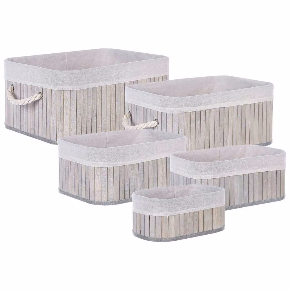 Wyld and Coco 5 Piece Grey Bamboo and Fabric Nesting Storage Baskets Set with Handles – 2